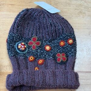 Purple Hand Knit Aplaca Beanie with Floral Accents
